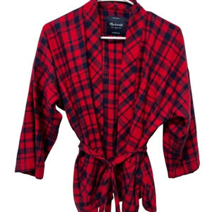 Madewell 1937 Kimono Style Tie Wrap Sweater Red & Navy Plaid Size M, 100% Cotton